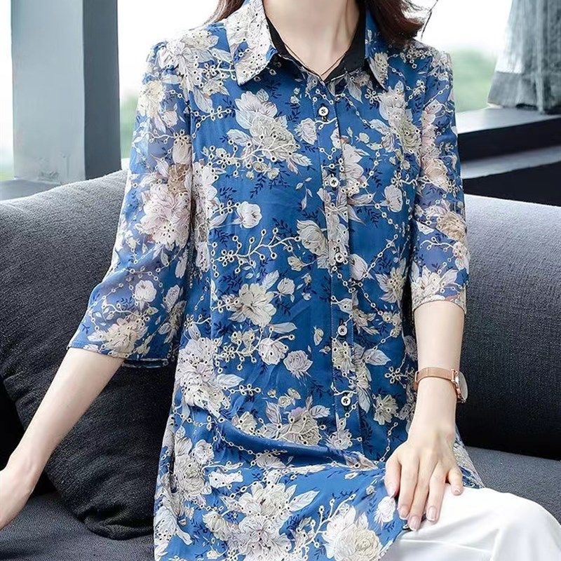 大码宽松遮肚中长款夏季2024新款衬衫七分袖妈妈装雪纺衫女士上衣