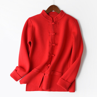 新年服全家亲子装红色中式盘扣开衫毛衣父子母女童男孩兄妹喜庆服