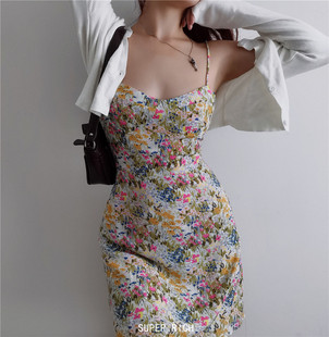 Sup莫奈油画碎花仙女吊带裙多穿法绑带收腰连衣裙A字裙约会甜美