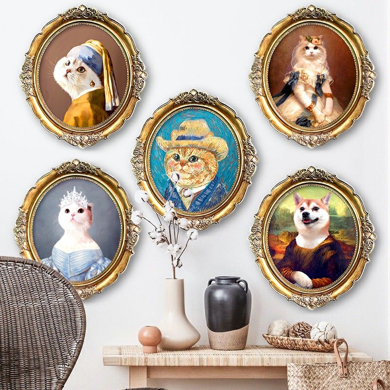 萌宠工坊宠物入油画定制小猫咪狗狗肖像画像复古典圆形框装饰挂画,家居饰品,现代装饰画,淘宝优惠券,粉丝福利购,淘宝优惠卷