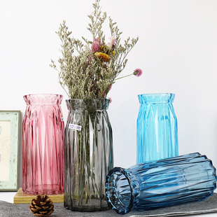 欧式 竖棱透明加厚玻璃插花瓶客厅水培鲜花容器摆件创意干花瓶P552