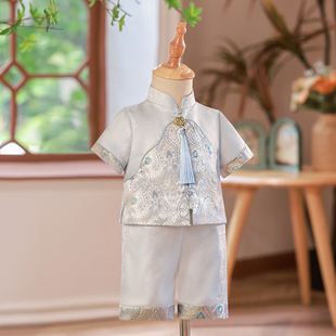 薄款 宝宝生日宴百天男童中国风唐装 夏 抓周中式 男宝一周岁礼服夏季