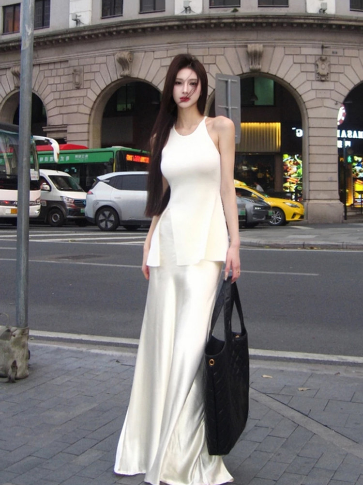 胖mm气质御姐风无袖收腰针织上衣女夏季高级感缎面包臀半身裙套装