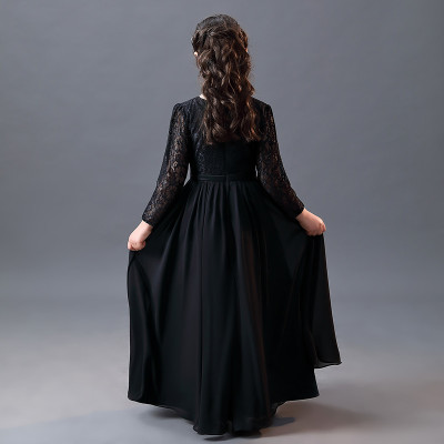 2021黑色长袖儿童女童长款演出礼服公主裙洋气走秀合唱钢琴演奏服