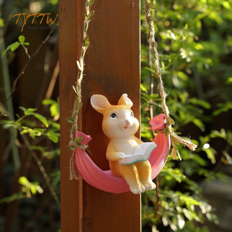 可爱看书小兔子秋千树上动物吊件挂件民宿庭院阳台花园艺装饰摆件