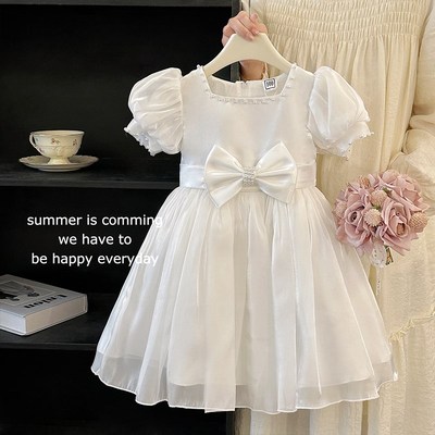 女童公主裙夏季儿童花童白色连衣裙六一演出裙子小女孩主持人礼服