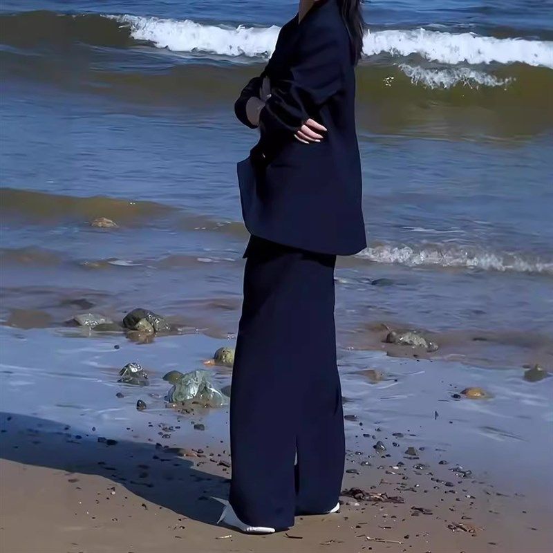 大码女装藏青西装套装胖mm秋季新款高级感休闲宽松时尚西服两件套