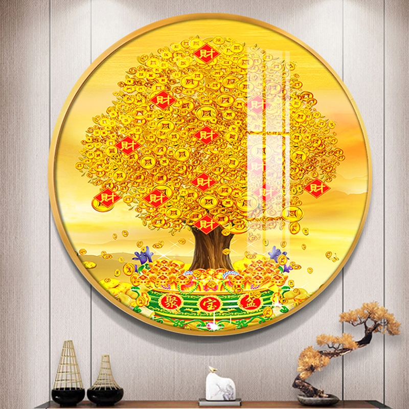 招财进宝新中式玄关圆形装饰画走廊尽头发财树摇钱树客厅餐厅挂画图片
