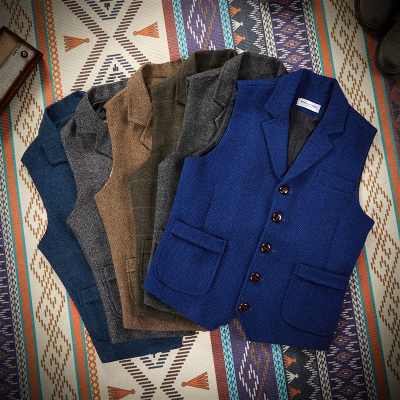 欧美咔叽风复古羊毛人字纹呢子马甲 秋冬款加厚羊毛男士西装马甲