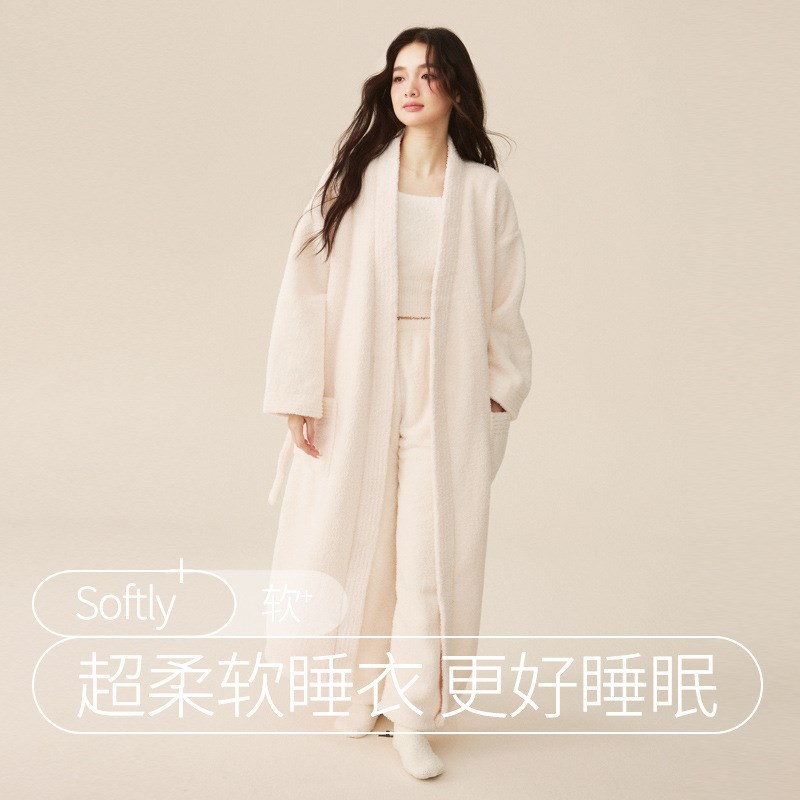 2024新款秋冬季女士睡衣半边绒加长厚睡袍珊瑚绒套装加长款晨浴袍