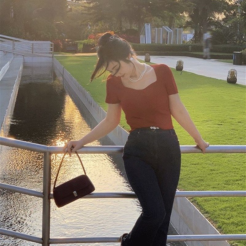 大码女装胖mm红色复古气质淑女针织短袖方领t恤夏季新款上衣显瘦