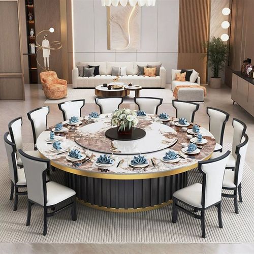 酒店大圆桌电动岩板圆桌全自动家用餐桌商用12人16人高档岩板餐桌