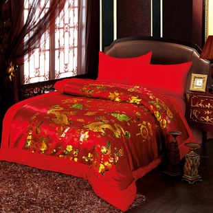 杭州丝绸锦缎婚庆被套结婚大红喜被罩被七彩绸织缎被罩龙凤百子图
