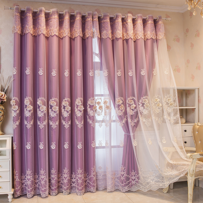 浮雕绣花双层窗帘布纱一体加厚全遮光客厅卧室田园风简约定制新款