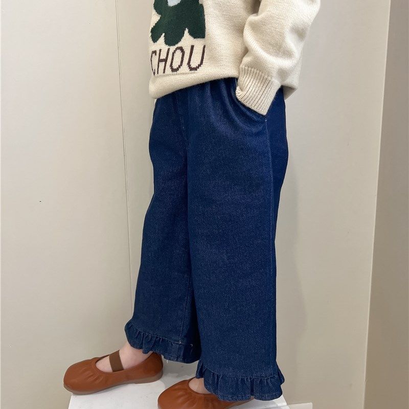 女童牛仔直筒裤2023秋装新款宽松休闲长裤儿童木耳边脚口阔腿裤,童装/婴儿装/亲子装,裤子,淘宝优惠券,粉丝福利购,淘宝优惠卷