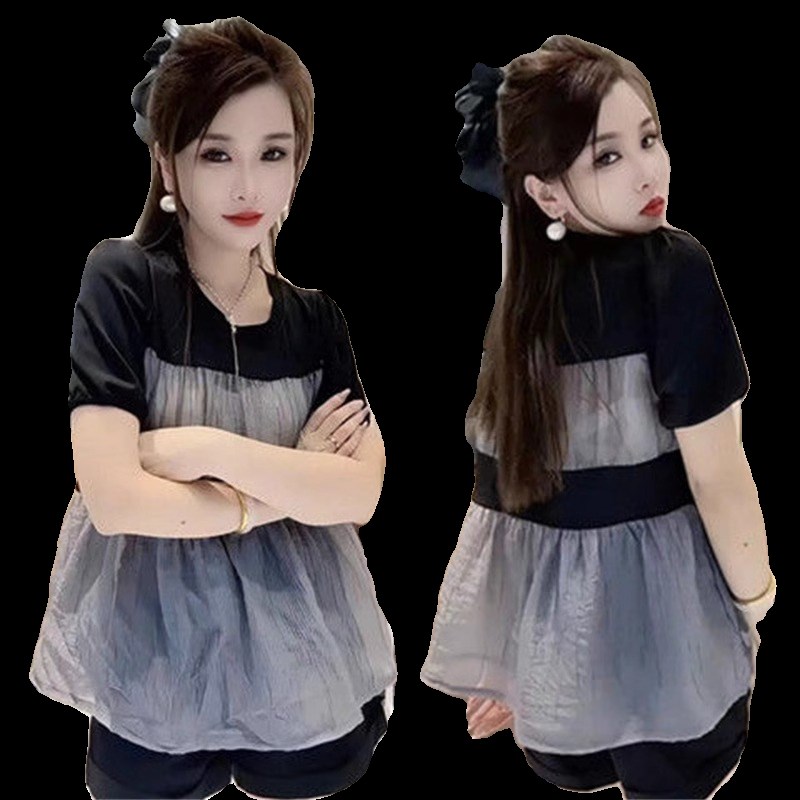 撞色雪纺衫拼接纱短袖T恤女夏季设计感娃娃衫时尚小众圆领上衣潮