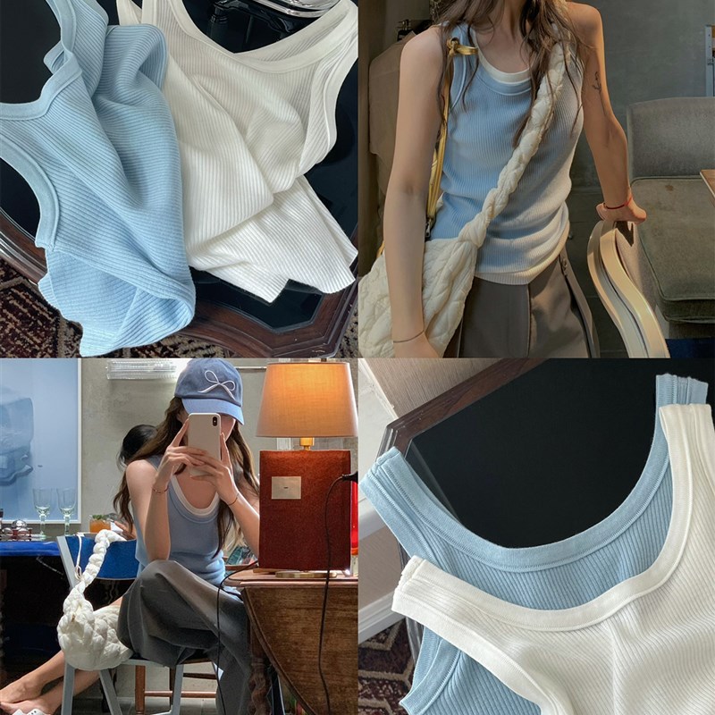 are U shop基础多色坑条针织背心女2024新款美式无袖外穿修身上衣