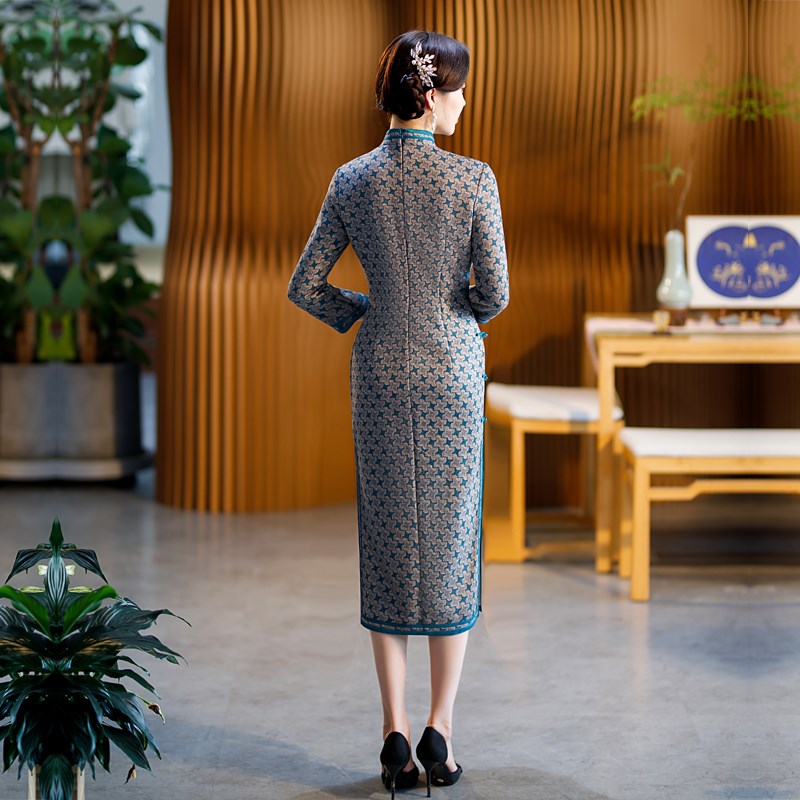 格子旗袍秋冬保暖加厚长袖女装中年女妈妈气质优雅连衣裙胖mm大码