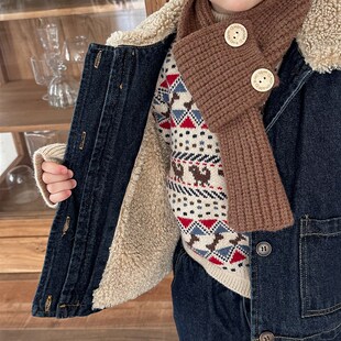 暮晨家新款冬装2024男童羊羔毛牛仔马甲儿童加绒加厚直筒裤两件套