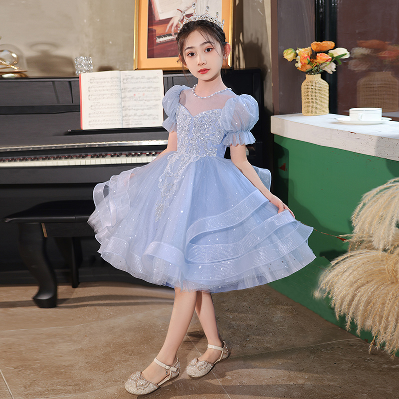 儿童礼服高端公主裙蓝色短款花童小女孩主持人女童钢琴演出服夏季