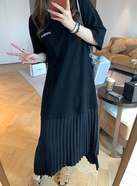 NAZ那子大码2024夏季新款宽松假两件短袖T恤拼接百褶裙胖mm连衣裙