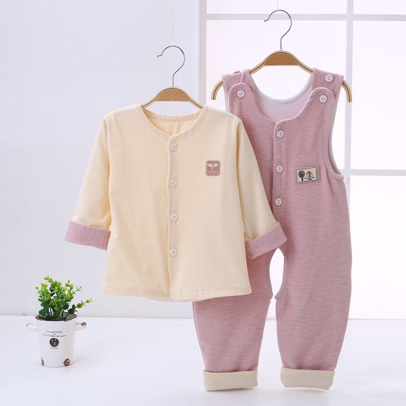 婴儿背带裤套装春秋纯棉双层薄款6-12个月宝宝衣服两件套春装外出