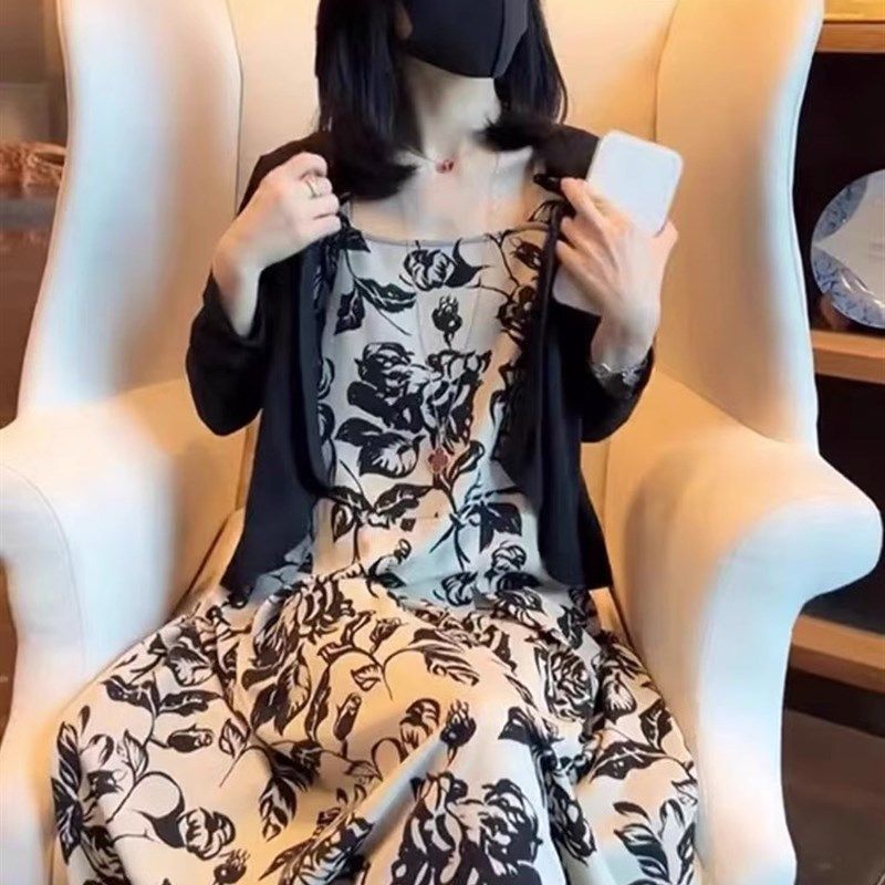 法式碎花吊带裙开衫两件套装女2023年春夏季大码高级感气质连衣裙