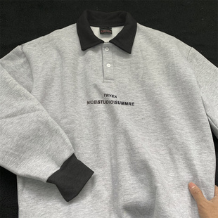 灰色POLO领加绒卫衣男春秋款男装美式翻领春季休闲情侣装上衣男生