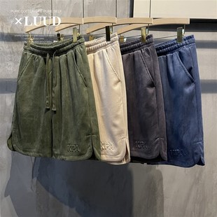 麂皮绒立体压花五分裤 脚开衩中裤 男士 裤 子 直筒舒适透气短裤 LUUD