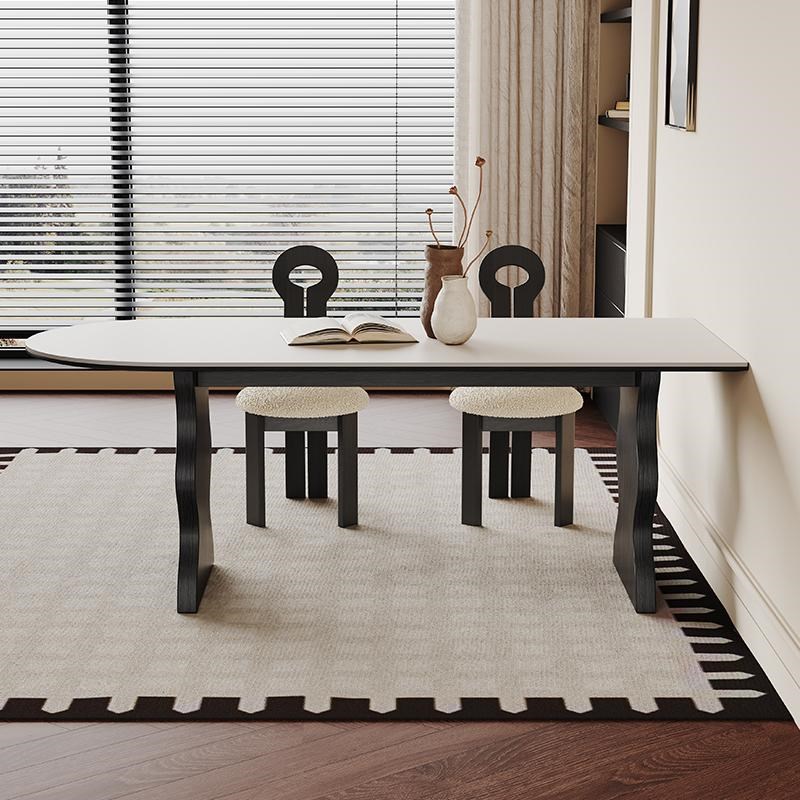 复古白色岩板餐桌长方形半圆全托小户型实木岩板岛台餐桌一体靠墙