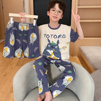儿童纯棉睡衣男童短袖长裤薄夏天中大童男孩宝宝三件套空调家居服