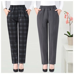 长裤女士春秋新款中老年奶奶方格弹力直筒休闲裤高腰宽松妈妈裤子