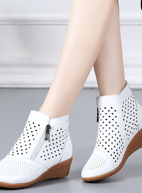 软面软底妈妈鞋白色坡跟镂空洞洞鞋真F皮舒适小码34夏季中跟女凉