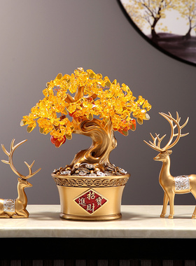 招财鹿摆件新中式新店开业礼品客厅电视柜摇钱树收银柜台装饰三件