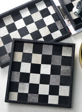 牛皮黑白棋d盘格香薰托盘马毛玄关桌面钥匙盘蜡烛首饰收纳盘高级
