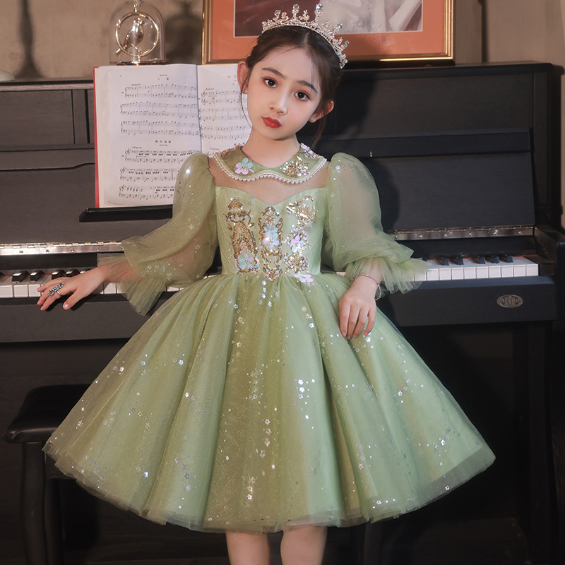 女童礼服绿色花童小女孩公主裙儿童主持人生日走秀钢琴演出服春秋