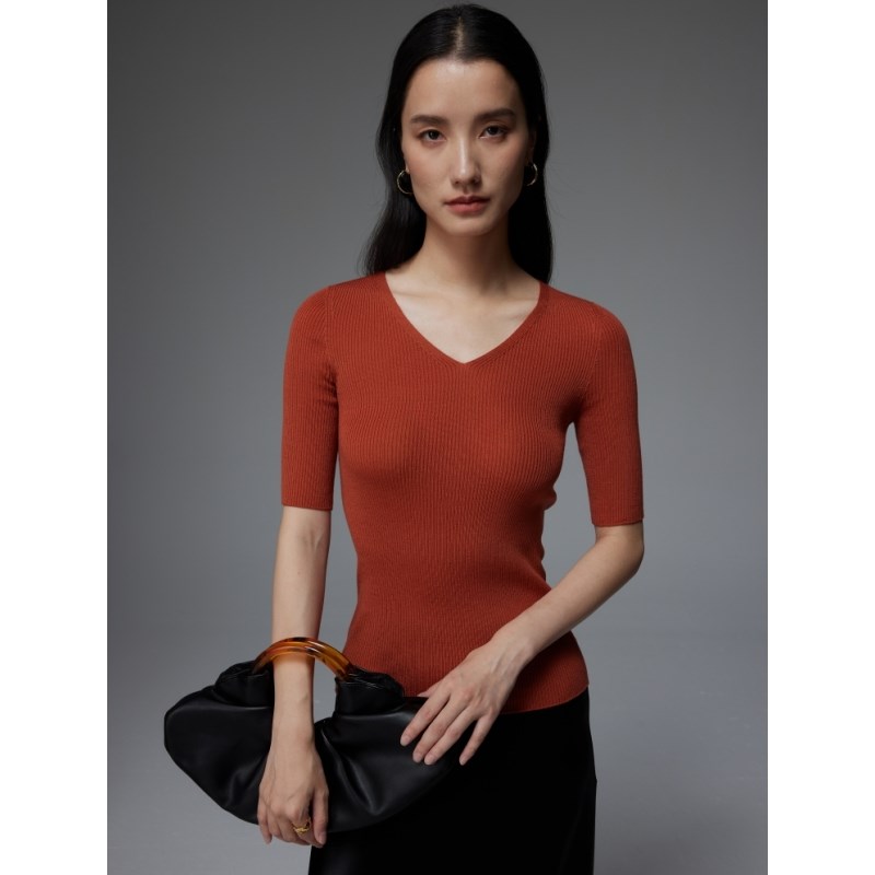 SOUL JUC 可机洗亲肤美丽诺细羊毛 18针无缝一体V领短袖薄羊毛衫