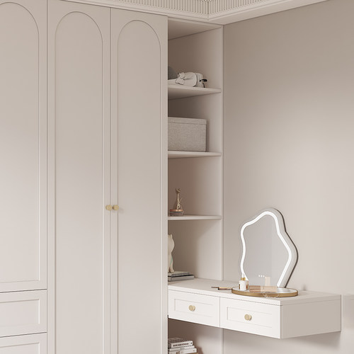 奶油风衣柜家用卧室化妆台一体组合带转角书桌玻璃门衣橱收纳柜