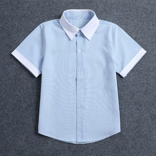 男童女童浅蓝白领白袖 童装 夏季 衬衫 衬衣中大童小学生校服 校服短袖