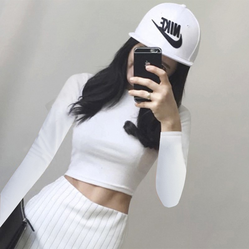 秋冬高腰紧身黑色上衣女纯棉短款T恤