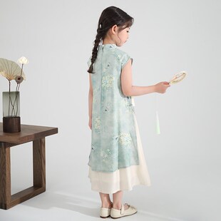 新中式女童旗袍裙改良版汉服中国风夏季儿童假两件连衣裙雪纺裙子