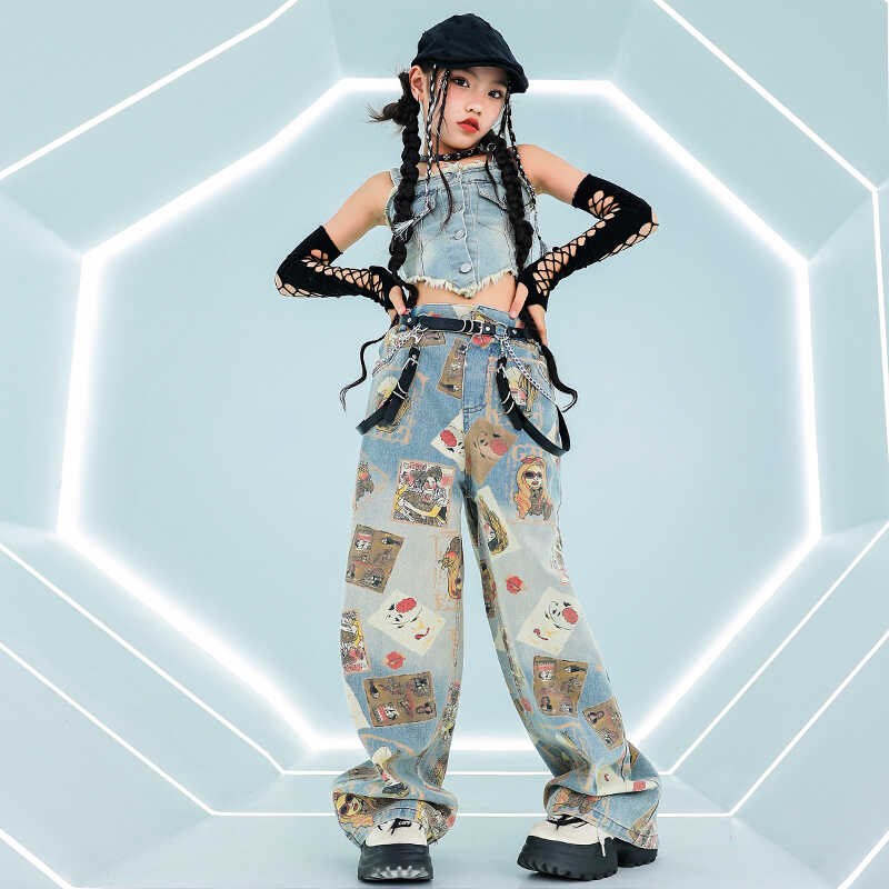 爵士舞jazz服装女孩子洋气吊带牛仔套装T台走秀服儿童街舞表演服