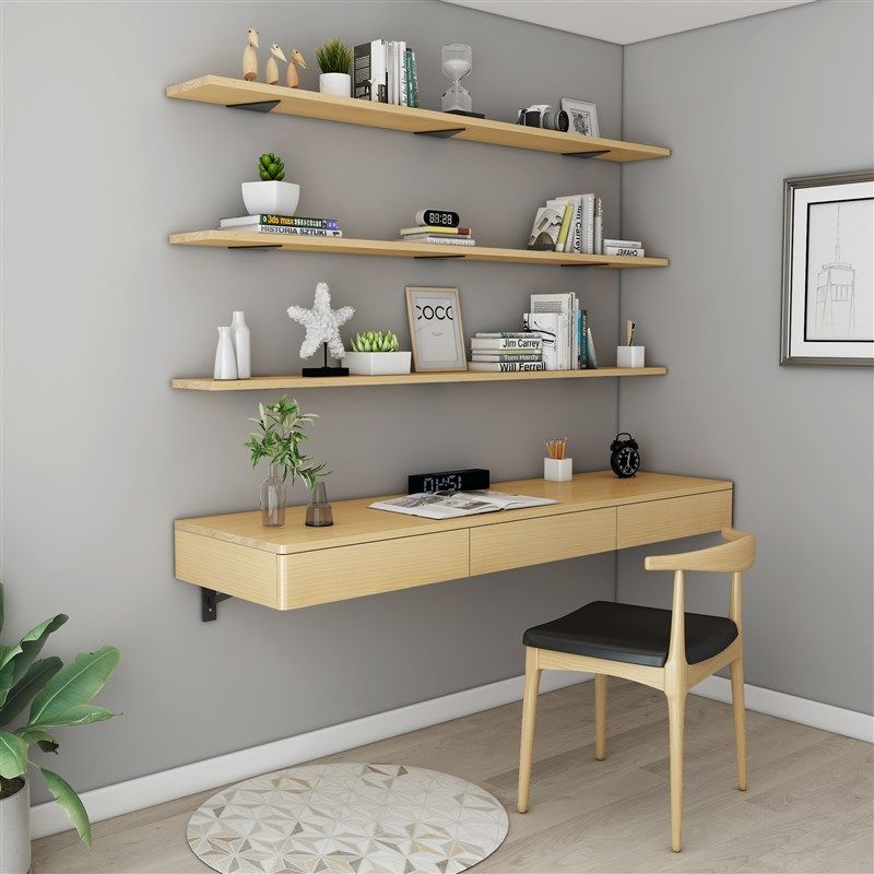 北欧实木一字板书桌隐形书架壁挂墙上双人抽屉电脑桌学习桌写字台,住宅家具,电脑桌,淘宝优惠券,粉丝福利购,淘宝优惠卷