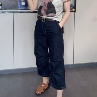 小个子宽松显瘦直筒裤 蓝色直筒八分牛仔裤 薄款 新款 子 女2024秋季