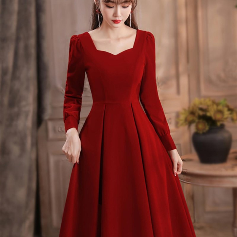 敬酒服女平时可穿酒红色订婚连衣裙新娘回门服结婚礼服小个子秋冬
