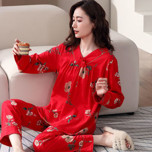 睡衣女士春秋季纯棉长袖V领大红色本命年冬天宽松大码家居服套装