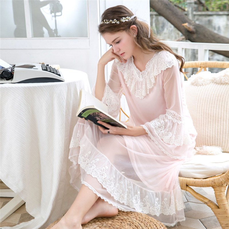 公主风睡裙女夏季宫廷蕾丝纯棉宽松睡衣女春秋天2021年新款网纱裙