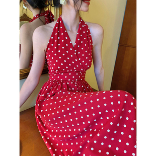 Haze禾枝  港风复古挂脖气质波点连衣裙女2023夏季收腰显瘦a字裙