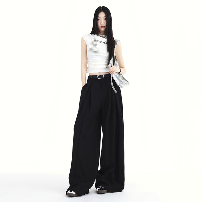 黑色设计感褶皱阔腿休闲裤女2024新款春夏高腰显瘦百搭宽松西装裤