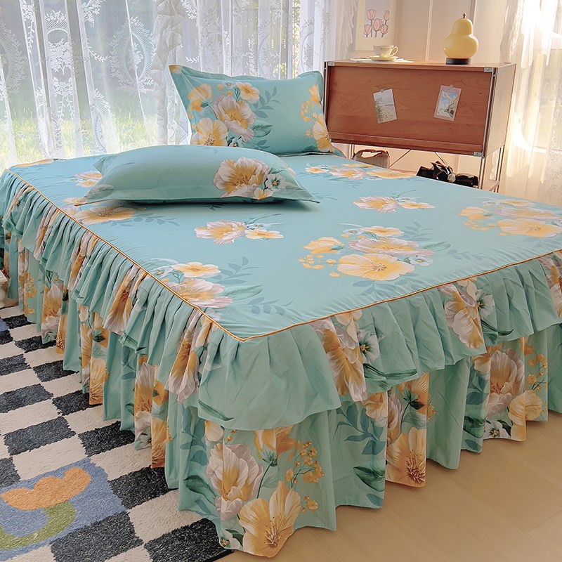 水洗棉床裙单件亲肤磨毛全棉床罩防滑式保护套床单双人三件套柔软